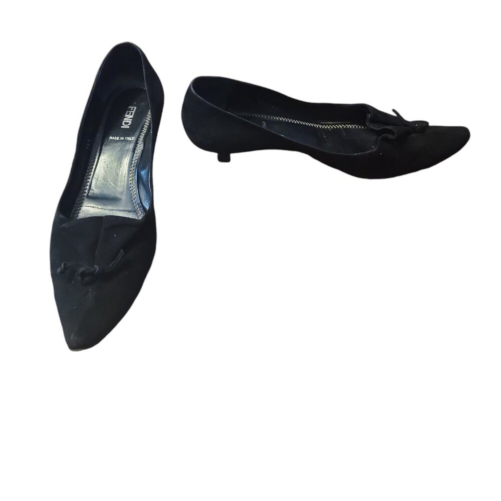 Vintage Fendi Size 381/2 Black Nubuck Kitten Heels W/Tie Accent Very good cond.